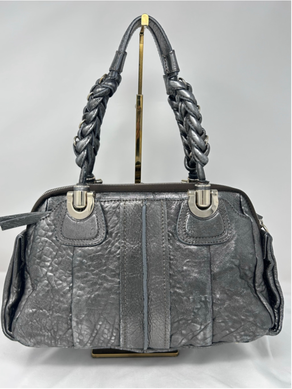 Chloé Heloise Metallic Silver Leather Satchel Bag Authenticated